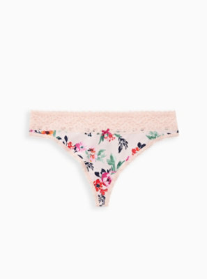 Plus Size - Floral Wide Lace Cotton Thong Panty - Torrid