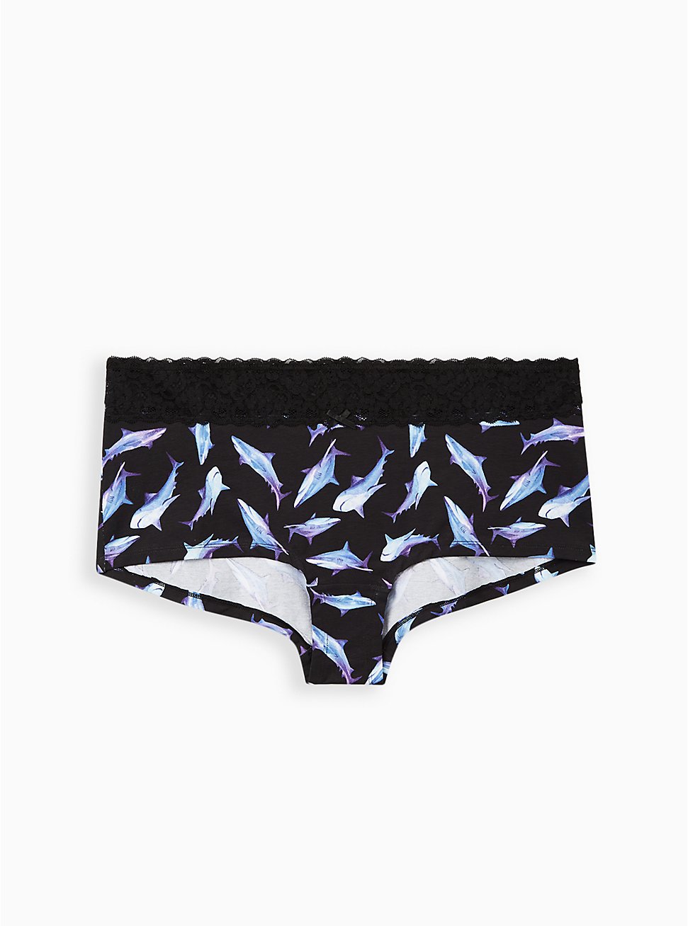 Plus Size Black Swimming Sharks Wide Lace Cotton Boyshort Panty, Swimming Sharks- BLACK, hi-res