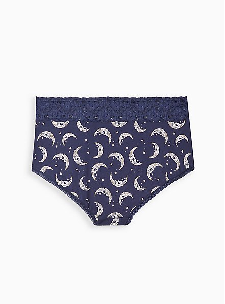 Plus Size Wide Lace Cotton Brief Panty - Navy Moons , MUERTOS MOONS- Navy, alternate