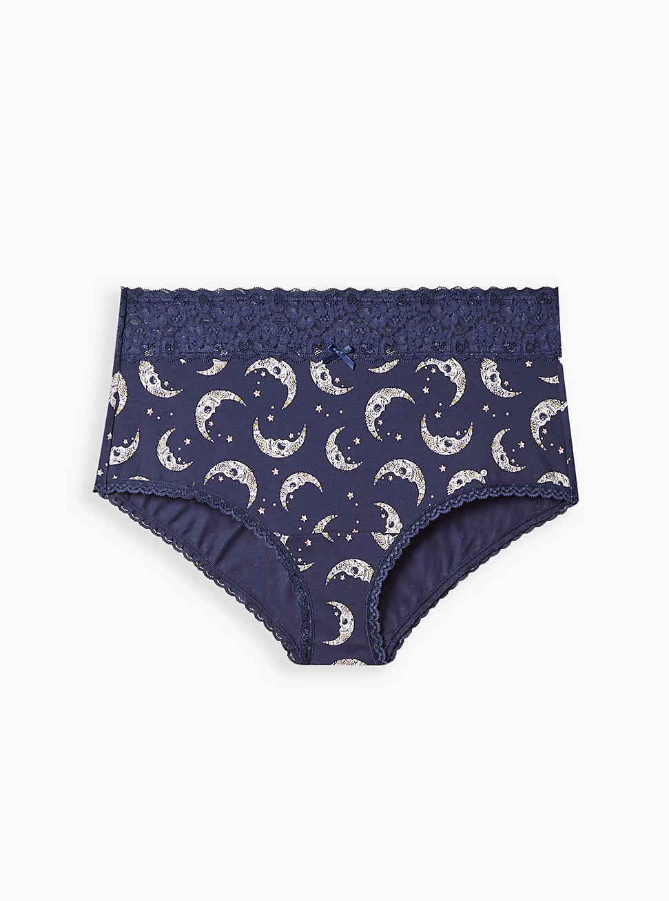 Plus Size Wide Lace Cotton Brief Panty - Navy Moons , MUERTOS MOONS- Navy, hi-res