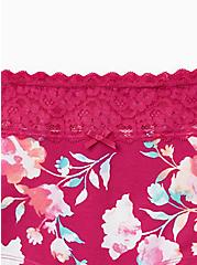 Plus Size Pink Floral Wide Lace Cotton Boyshort Panty, Diamond Watercolor- WHITE, alternate