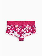 Plus Size Pink Floral Wide Lace Cotton Boyshort Panty, Diamond Watercolor- WHITE, hi-res