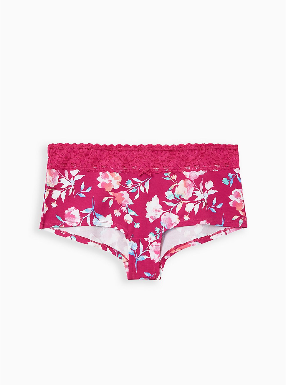 Pink Floral Wide Lace Cotton Boyshort Panty, Diamond Watercolor- WHITE, hi-res
