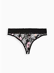 Black Floral Wide Lace Cotton Thong Panty, Draw Floral- BLACK, hi-res
