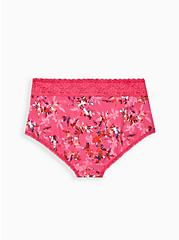 Plus Size Pink Floral Wide Lace Cotton Brief Panty, Light Forest Floral- PINK, alternate