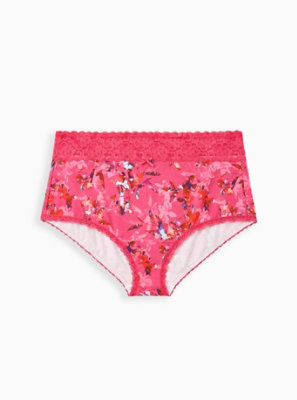 Plus Size - Pink Floral Wide Lace Cotton Brief Panty - Torrid