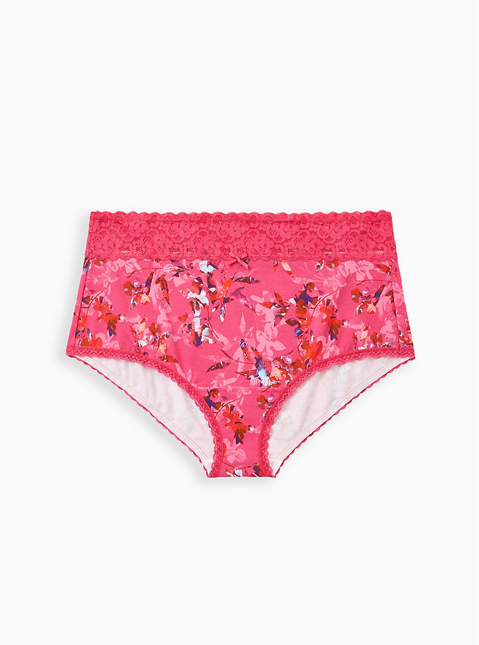 Plus Size Pink Floral Wide Lace Cotton Brief Panty, Light Forest Floral- PINK, hi-res