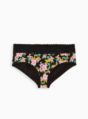 Plus Size - Wide Lace Cotton Cheeky Panty - Cheetah Floral Black - Torrid