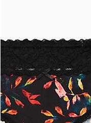 Plus Size Wide Lace Cotton Hipster Panty - Multi Leaves Blue, Water Leaves- BLACK, alternate