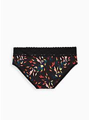 Plus Size Wide Lace Cotton Hipster Panty - Multi Leaves Blue, Water Leaves- BLACK, alternate