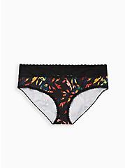 Plus Size Wide Lace Cotton Hipster Panty - Multi Leaves Blue, Water Leaves- BLACK, hi-res