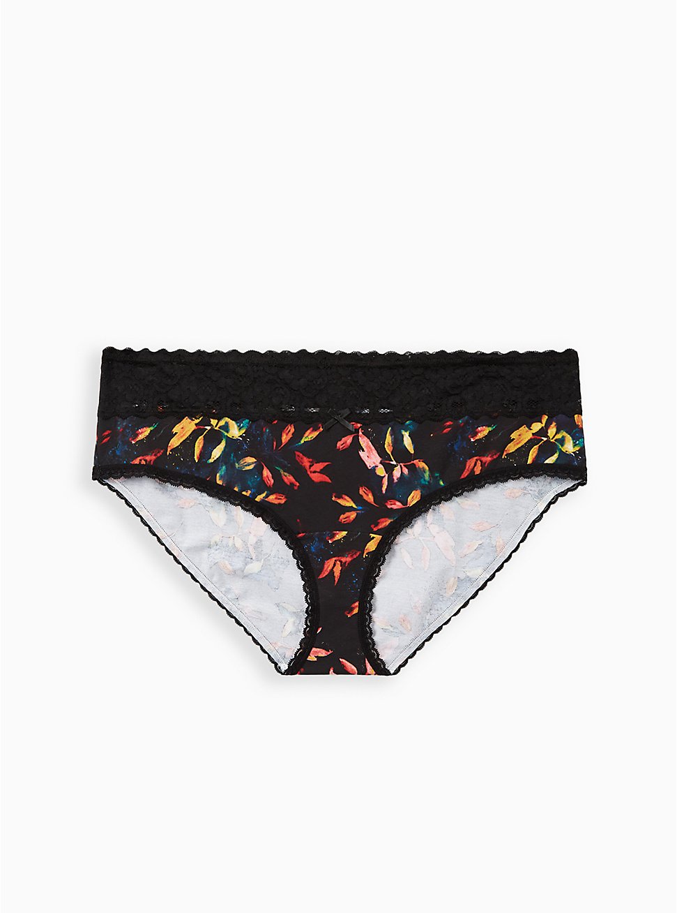 Plus Size Wide Lace Cotton Hipster Panty - Multi Leaves Blue, Water Leaves- BLACK, hi-res