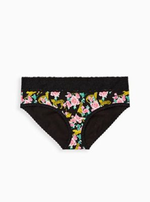 Plus Size - Black Cheetah Floral Wide Lace Cotton Hipster Panty - Torrid