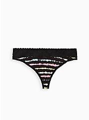 Black Rainbow Stripe Wide Lace Cotton Thong Panty, TIED STRIPE, hi-res