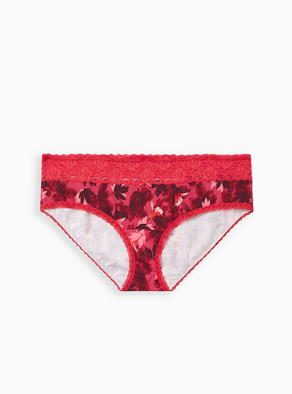 Plus Size Wide Lace Trim Hipster Panty - Cotton Blooms Red, DRAMATIC BLOOMS RED  , hi-res