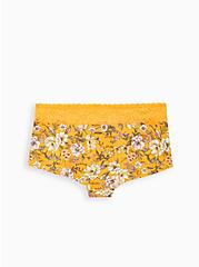 Plus Size Yellow Floral Wide Lace Cotton Boyshort Panty, Trish Floral- YELLOW, alternate