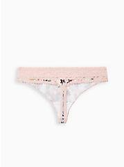 Plus Size Pink Floral Wide Lace Cotton Thong Panty, Soft Silk Flowers- PINK, alternate