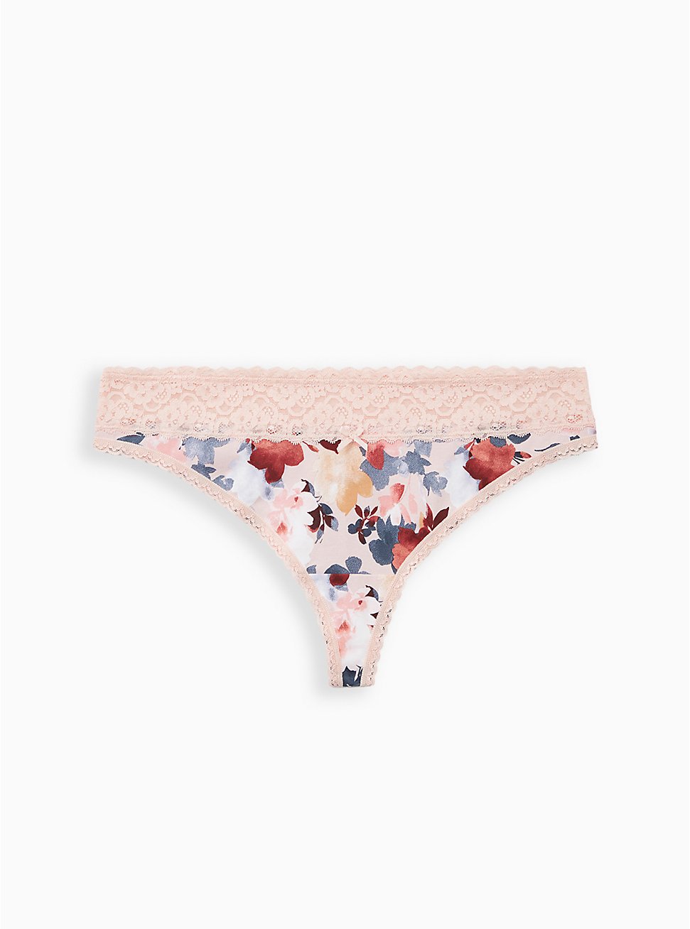 Pink Floral Wide Lace Cotton Thong Panty, Soft Silk Flowers- PINK, hi-res