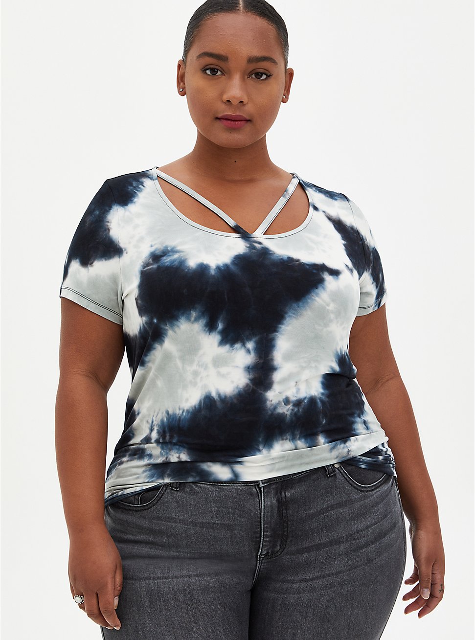 Plus Size Navy Tie-Dye Super Soft Strappy Tee, OTHER PRINTS, hi-res