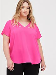 Plus Size Pink Georgette Cage Front Blouse , PINK GLO, hi-res