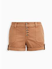 Plus Size Brown Buttonfly Twill Military Short, BROWN  LIGHT BROWN, hi-res