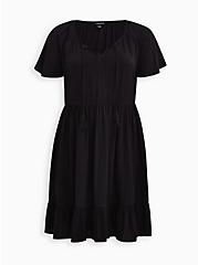 Black Crosshatch Tiered Babydoll Dress, DEEP BLACK, hi-res