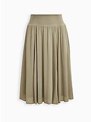 Plus Size Green Gauze Smocked Waist Tea Length Skirt, TEA, hi-res