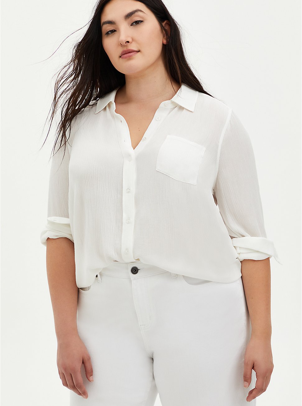 Plus Size - Ivory Crinkle Gauze Button Down Shirt - Torrid