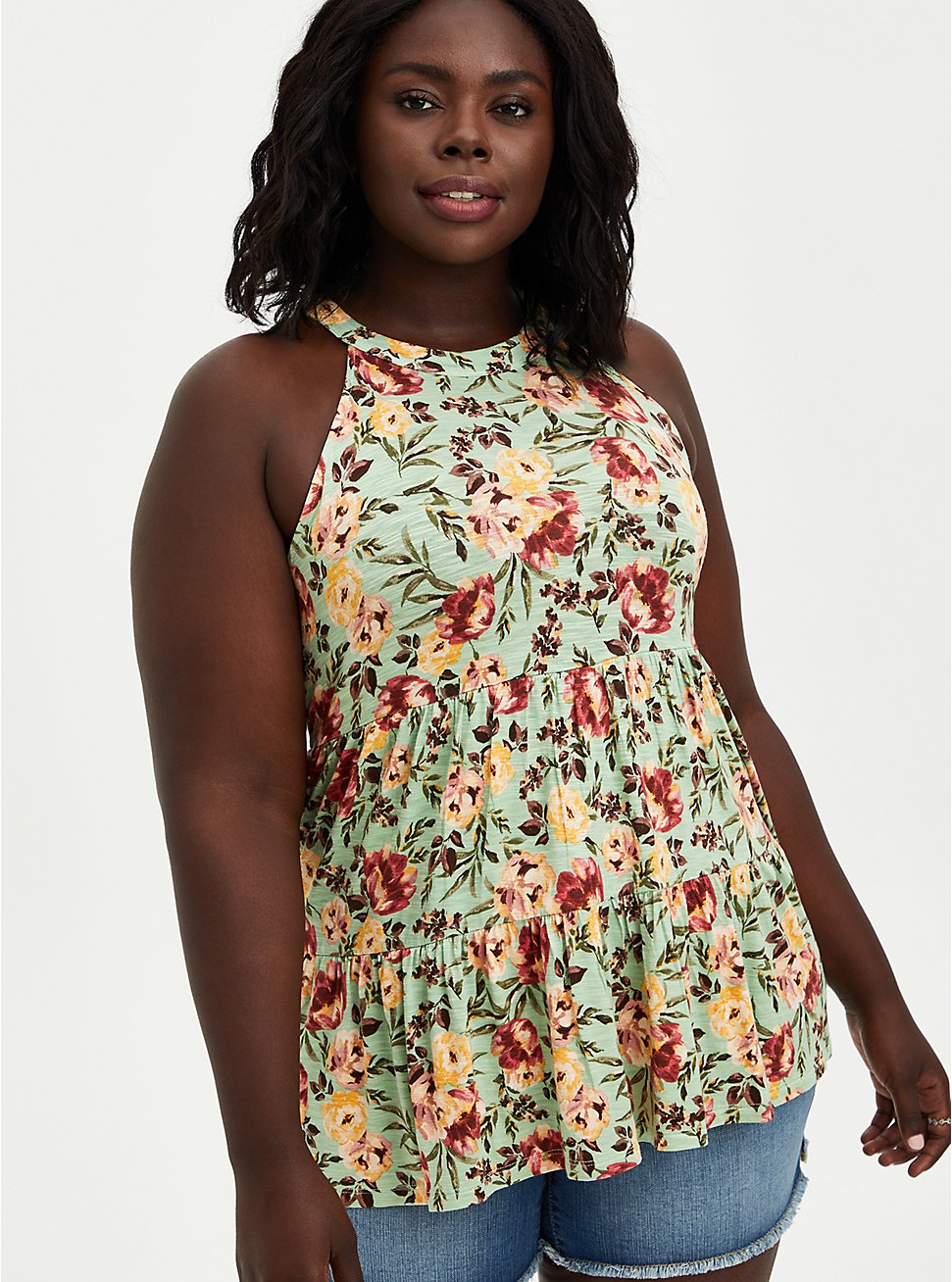 Plus Size Goddess Tiered Tank - Super Soft Floral Green, OTHER PRINTS, hi-res