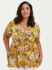Plus Size Button Down Babydoll Top - Super Soft Yellow Floral , OTHER PRINTS, hi-res
