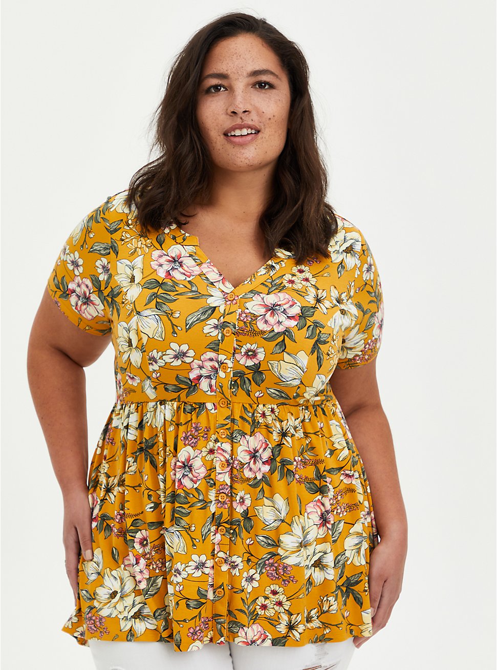 Plus Size Button Down Babydoll Top - Super Soft Yellow Floral , OTHER PRINTS, hi-res