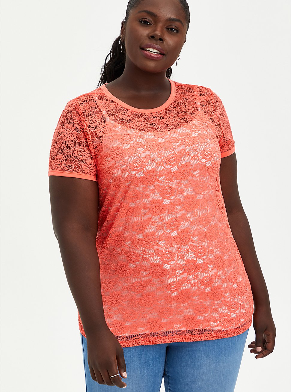 Coral Lace Tee, CORAL, hi-res