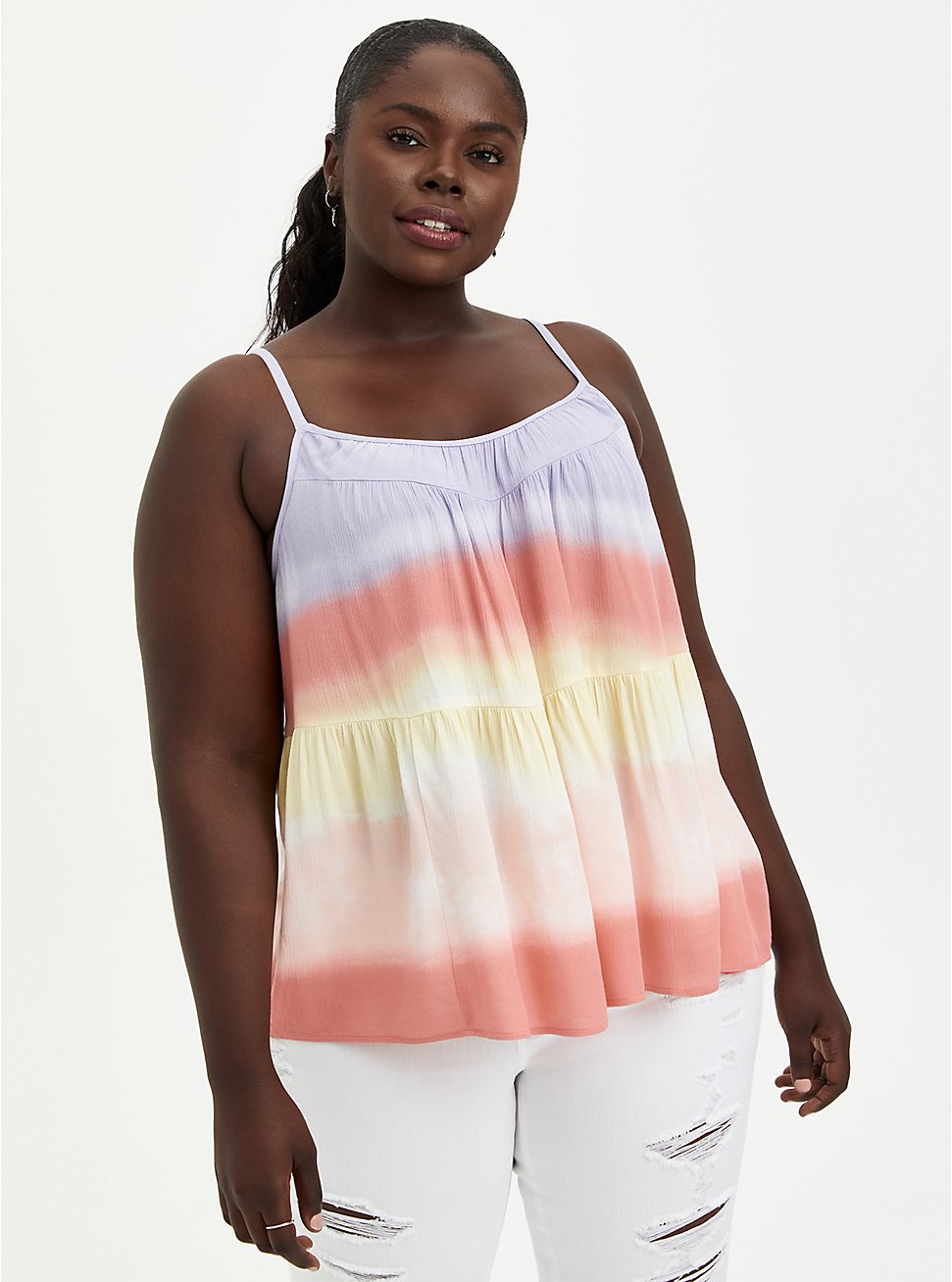 Plus Size Tiered Cami - Gauze Beach Stripe Tie Dye , STRIPE - WHITE, hi-res