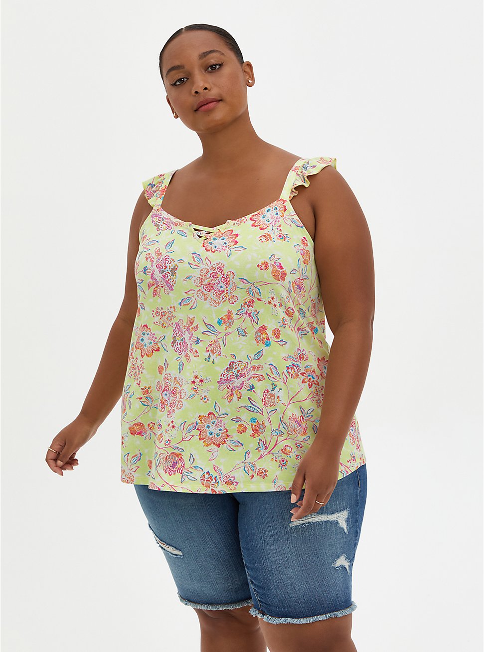 Yellow Floral Super Soft Sweetheart Lace-Up Tank, OTHER PRINTS, hi-res