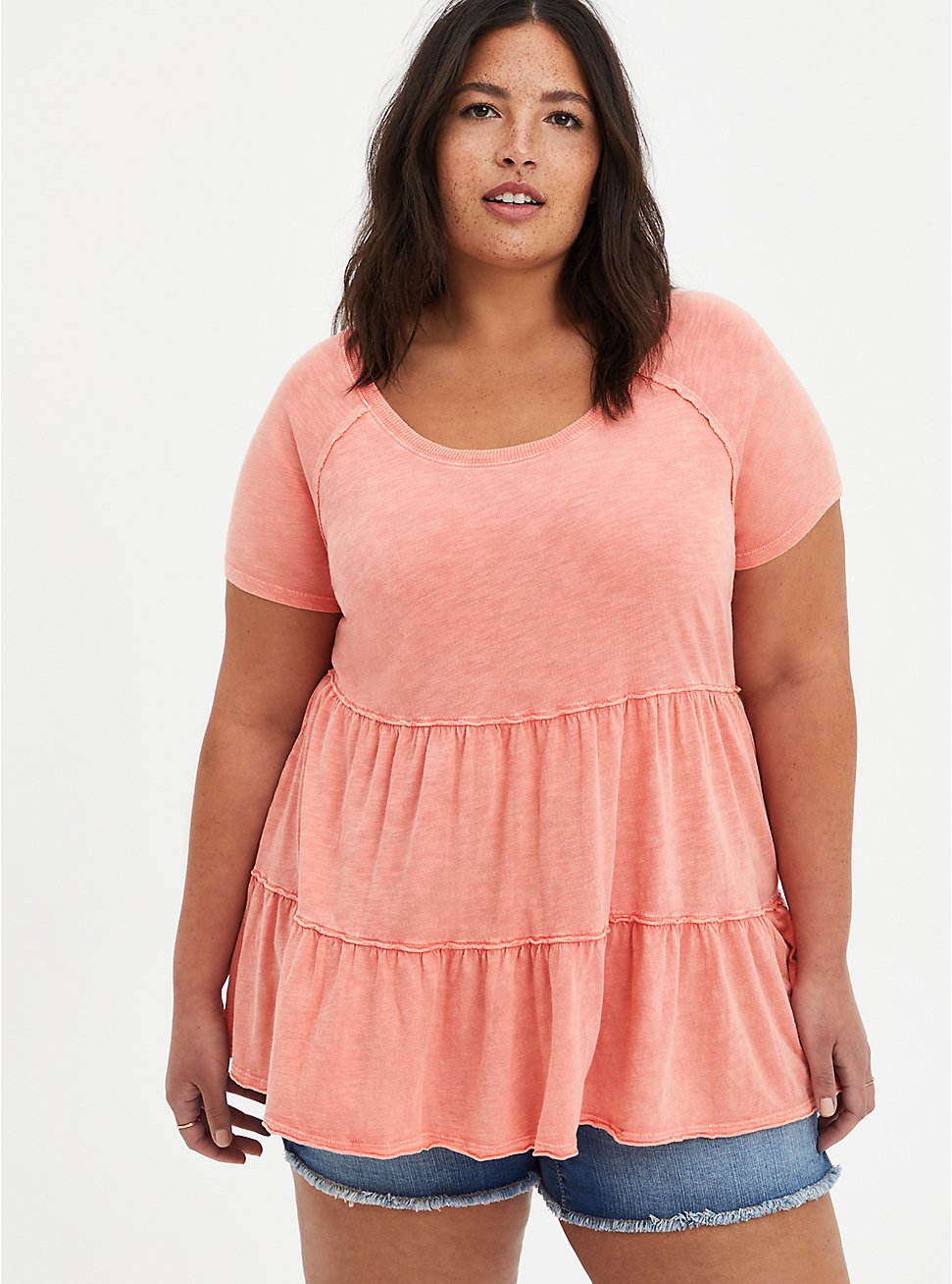 Plus Size Tiered Babydoll Top - Mineral Wash Coral, CORAL, hi-res