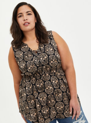 Plus Size - Black Skulls Stretch Challis Lace Up Tunic - Torrid