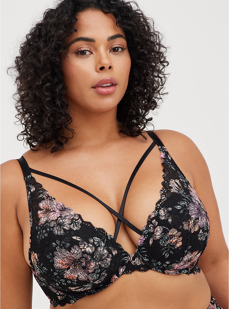 Push Up Plunge Strappy Bra - Lace Floral, HIBISCUS FLORAL, hi-res
