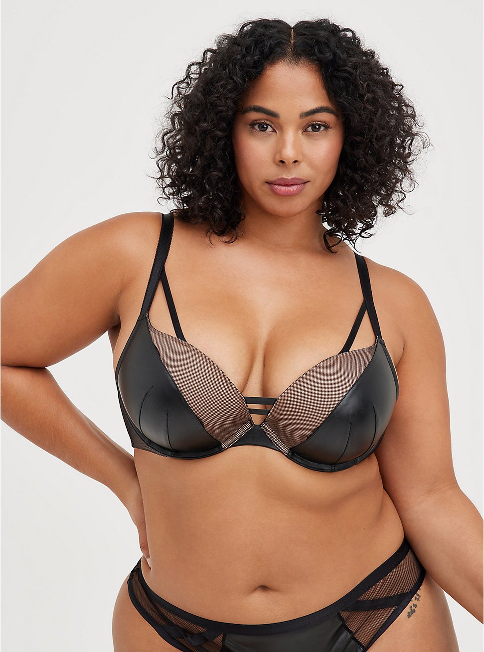 Push-Up Plunge Bra - Faux Leather & Mesh Black with 360° Back Smoothing™, RICH BLACK, hi-res