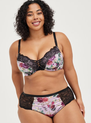 Plus Size - Push-Up Plunge Bra - Satin & Lace Floral with 360° Back Smoothing™ - Torrid