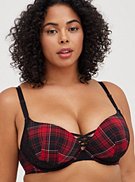 XO Push-Up Plunge Bra - Plaid Red with 360° Back Smoothing™ , , hi-res