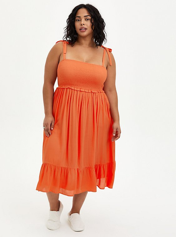 Plus Size - Smocked Tiered Midi Dress - Textured Rayon Orange - Torrid