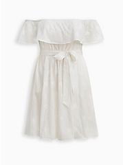 Off-The-Shoulder Tie-Waist Skater Dress - Challis White Embroidery, CLOUD DANCER, hi-res