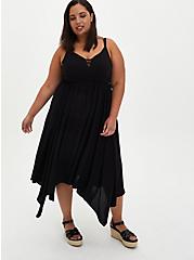 Plus Size Midi Challis Handkerchief Dress, BLACK, hi-res