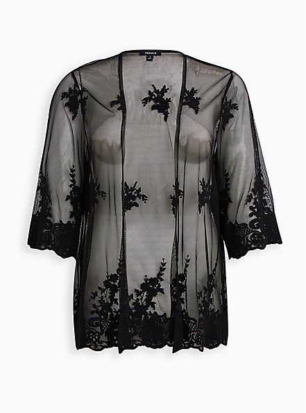 Black Embroidered Mesh Kimono, DEEP BLACK, hi-res