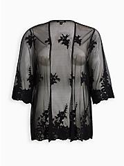 Plus Size Black Embroidered Mesh Kimono, DEEP BLACK, hi-res