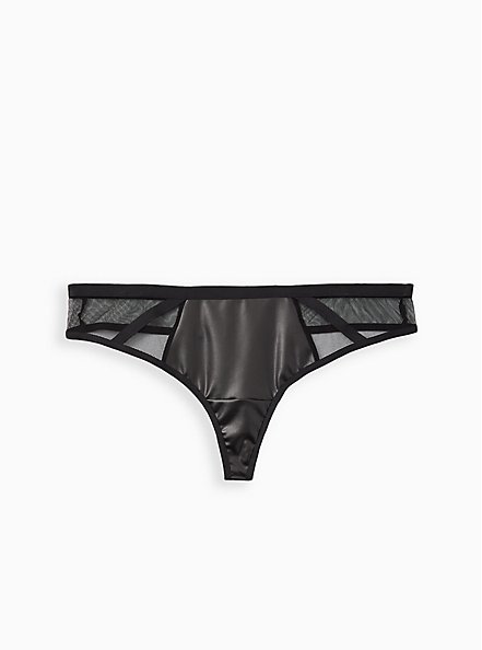 Cutout Thong Panty - Faux Leather & Mesh Black, RICH BLACK, hi-res