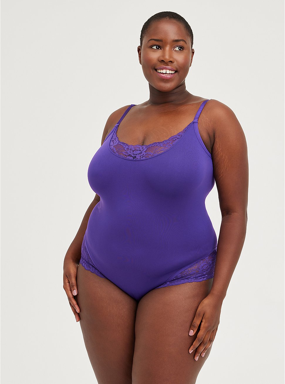 Plus Size Scoop Neck Bodysuit - Seamless Lace Flirt Purple, PURPLE, hi-res