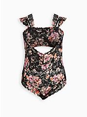 Plus Size Lace Front Cutout Bodysuit - Floral, HIBISCUS FLORAL, hi-res
