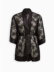 Lace Midi Kimono Sleeve Lingerie Robe, RICH BLACK, hi-res