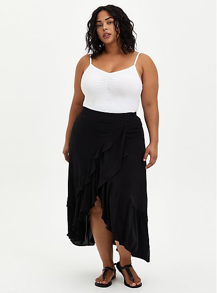 Black Challis Ruffle Hem Hi-Lo Maxi Skirt, DEEP BLACK, alternate
